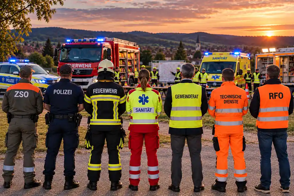 Vertreter von Zivilschutz, Polizei, Feuerwehr, Sanität und RFO vor Einsatzfahrzeugen