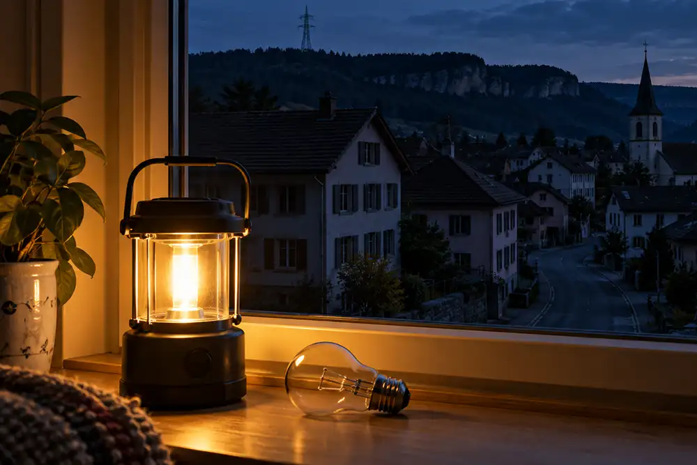 Brennende Petroleumlampe am Fenster während eines Stromausfalls